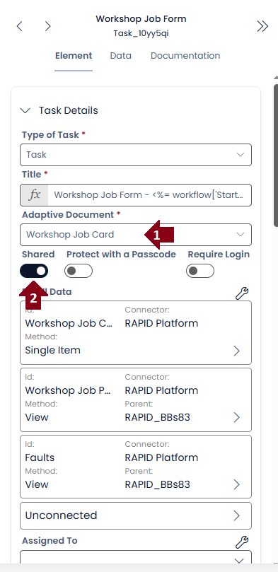 Configuration panel of the task, showing document selected and shared toggled on